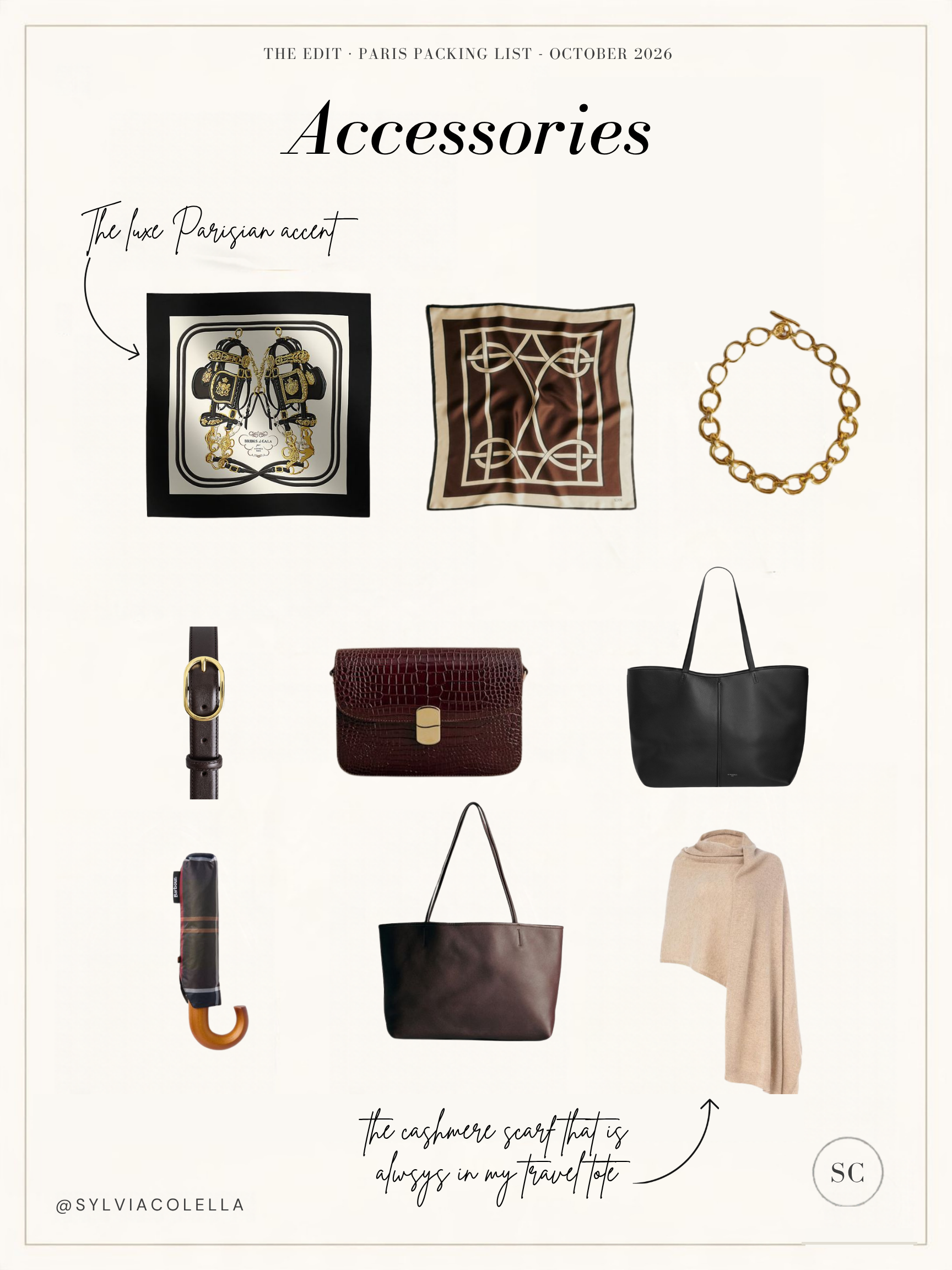 Autumn accessories including handbags, belts, scarves and other finishing touches for Paris outfits.