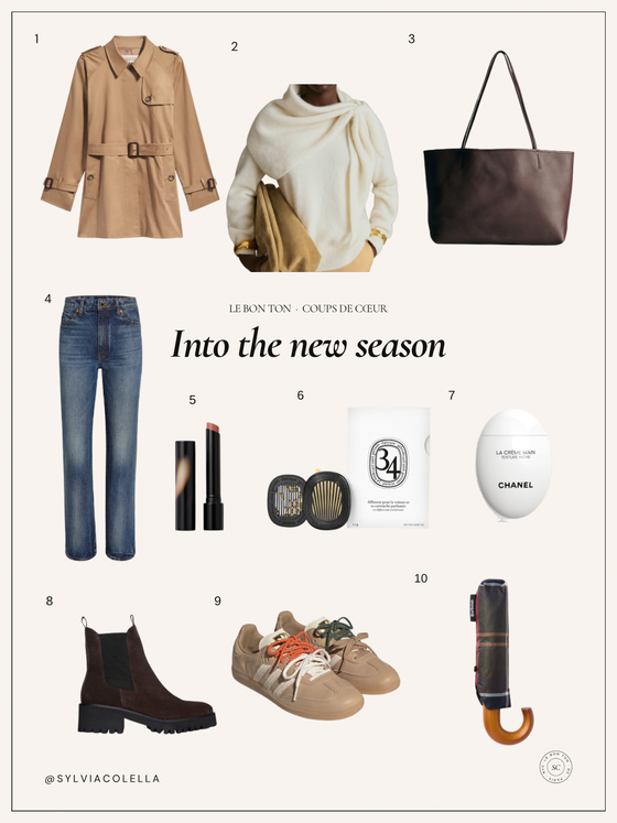 Fall travel essentials:trench coat, sweater, tote, jeans, boots, and Samba sneakers