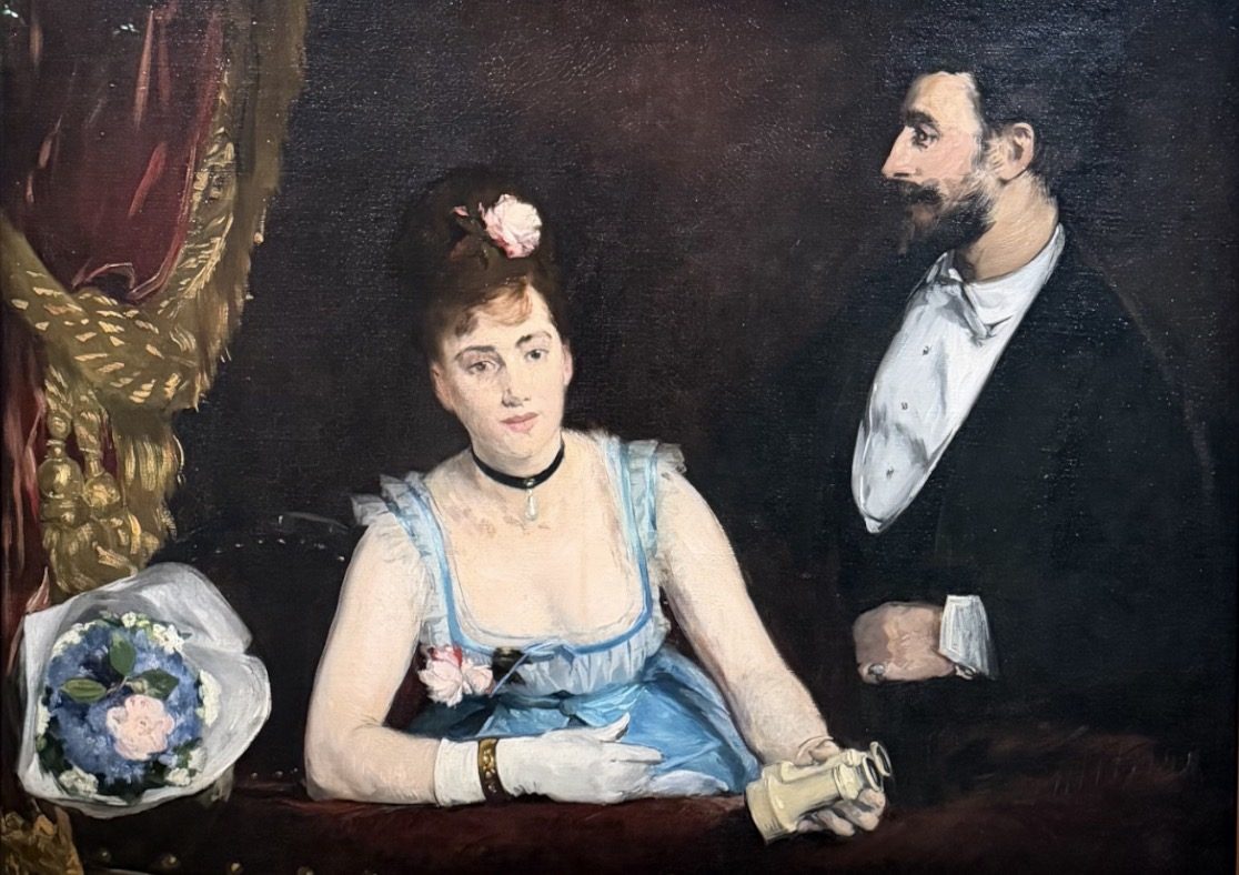 Eva Gonzalès, Une loge aux Italiens: a woman in a pale blue gown and white gloves sits in a theater box with a bouquet as a bearded man looks away