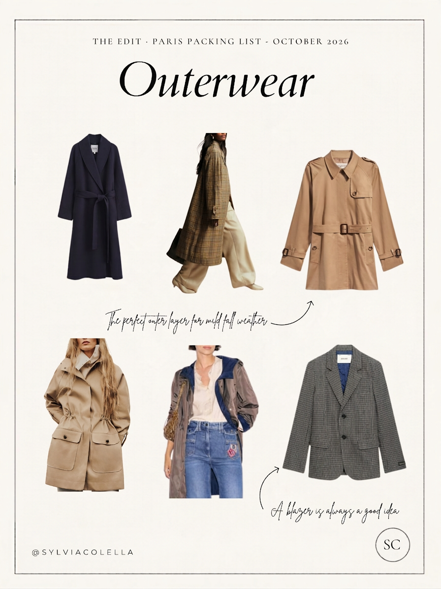 Selection of autumn outerwear, including a beige trench coat and classic coats for layering in Paris.