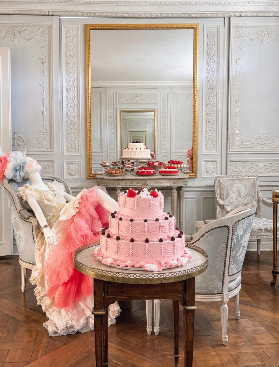 A costumed Marie Antoinette figure sprawls in an armchair, feet propped beside a three-tier pink cake, in a pale blue paneled room at the Petit Trianon