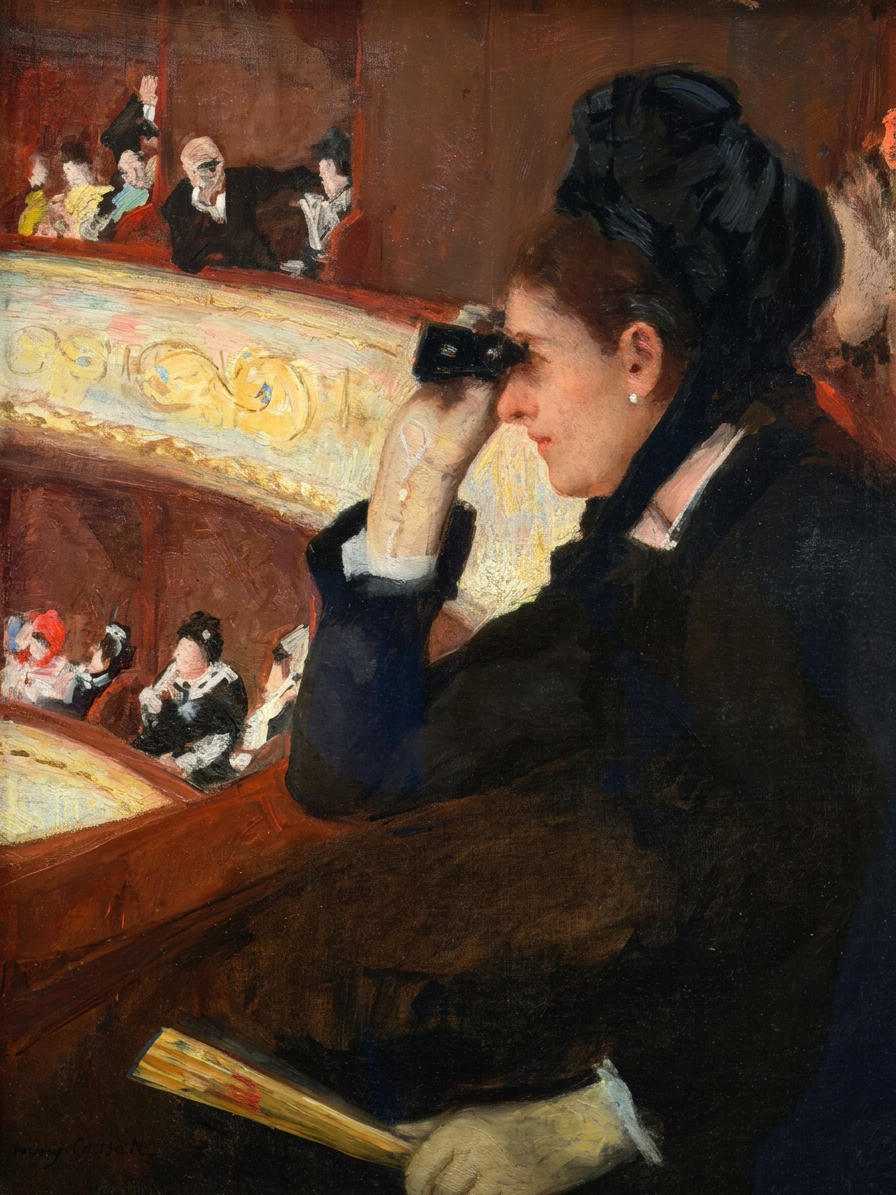 Mary Cassatt, In the Loge: a woman in black raises opera glasses in a theater box while a man in a distant box watches her through his own